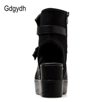 Original Gdgydh Black Women Ankle Boots Spring Autumn Peep Toe Flat Heel Boots For Female Buckle Platform Wedges Shoes Summer Comfortable