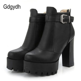 Original Gdgydh Women Platform Heels Ankle Boots Zipper High Heels Female Booties Shoes Black Round Toe Ladies Shoes Big Size 2022 Autumn