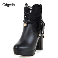 Original Gdgydh 2022 Lace Ankle Boots Thick High Heeled Female Short Boots Round Toe Platform Ladies Shoes White Wedding Shoes Plus Size