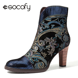 Original Socofy Retro Printed Sheep Women Boots Leather Boots Women Shoes Woman Vintage Block High Heels 8cm Ankle Boots Zapatos De Mujer