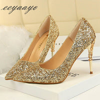 EEYAAYO - Original 2020 New Spring Women Pumps High Thin Heels Pointed Toe Metal Decoration Sexy Bling Bridal Wedding Women Shoes Gold High Heels