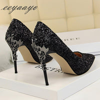 EEYAAYO - Original 2020 New Spring Women Pumps High Thin Heels Pointed Toe Metal Decoration Sexy Bling Bridal Wedding Women Shoes Gold High Heels