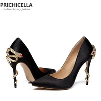 Original PRICHICELLA Satin Gold mental snake heel dress shoe unique genuine leather pointed toe high heeled pumps