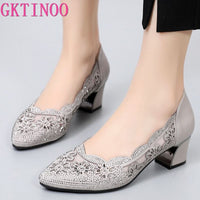 Original GKTINOO 2022 Summer Fashion Hollow Out Genuine Leather Pumps Women Shoes Med Heels Square Heel Mesh Ladies Office Shoes Crystal