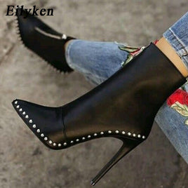 Original Eilyken 2022 New Desig Women Boots Winter Metal Decoration Rivet Pointed Toe Ankle Boots Fashion Ladies Shoes Rubber Boots Black