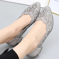 Original GKTINOO 2022 Summer Fashion Hollow Out Genuine Leather Pumps Women Shoes Med Heels Square Heel Mesh Ladies Office Shoes Crystal