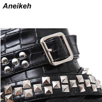 Original Aneikeh Zip Metal Chains Rivet Motorcycle Boots Women Shoes Super High Heels Platform Ankle Boots Punk Rock Gothic Biker Boots