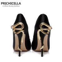 Original PRICHICELLA Satin Gold mental snake heel dress shoe unique genuine leather pointed toe high heeled pumps