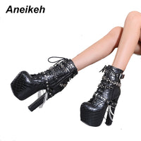 Original Aneikeh Zip Metal Chains Rivet Motorcycle Boots Women Shoes Super High Heels Platform Ankle Boots Punk Rock Gothic Biker Boots