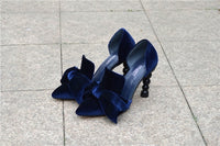 Original Navy Blue Brand Designer Women Shoes Pearl High Heel Pointed Toe Velvet Bow 9 cm Stiletto Party Shoes Pumps 34-43 YT02 MUYISEXI