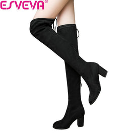 Original ESVEVA 2020 Over The Knee Boots Winter Round Toe Warm Women Boots Lady Short Plush + Stretch Fabric Fashion Boots Big Size 34-43