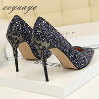 EEYAAYO - Original 2020 New Spring Women Pumps High Thin Heels Pointed Toe Metal Decoration Sexy Bling Bridal Wedding Women Shoes Gold High Heels