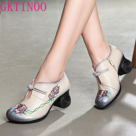 Original GKTINOO Women Embroidery Pumps Grey Lady 6CM High Heels Shoes Handmade Women Genuine Leather Pumps Autumn Shoes