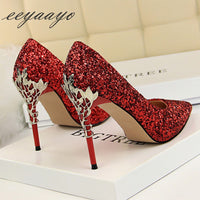 EEYAAYO - Original 2020 New Spring Women Pumps High Thin Heels Pointed Toe Metal Decoration Sexy Bling Bridal Wedding Women Shoes Gold High Heels