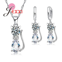 Original Jewellery Sets Accessories Genuine 925 Sterling Silver  Cubic Zirconia Cat Kitty Necklace Pendant+Leverback Earrings Hot