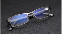 YOOSKE Blue Film Resin Reading Glasses Men Women Metal Half Frame Hyperopia Eyeglasses +1.0 1.52.02.5 3.0 3.5 4.0 Diopter