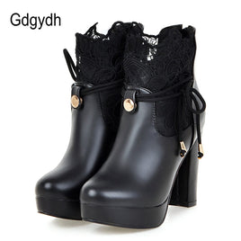 Original Gdgydh 2022 Lace Ankle Boots Thick High Heeled Female Short Boots Round Toe Platform Ladies Shoes White Wedding Shoes Plus Size