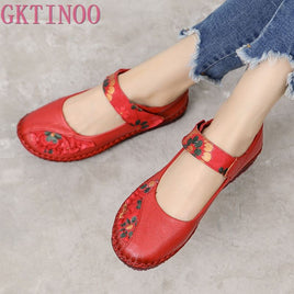 Original GKTINOO Spring Fashion Flower Design Round Toe Soft Bottom Flat Shoes Vintage Genuine Leather Women Flats Girl Loafer Large Size