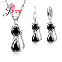 Original Jewellery Sets Accessories Genuine 925 Sterling Silver  Cubic Zirconia Cat Kitty Necklace Pendant+Leverback Earrings Hot