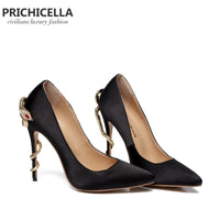 Original PRICHICELLA Satin Gold mental snake heel dress shoe unique genuine leather pointed toe high heeled pumps