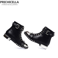 Original PRICHICELLA quality black flats genuine leather studded lace up ankle boots,motorcycle winter booties