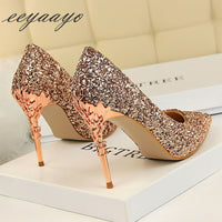 EEYAAYO - Original 2020 New Spring Women Pumps High Thin Heels Pointed Toe Metal Decoration Sexy Bling Bridal Wedding Women Shoes Gold High Heels