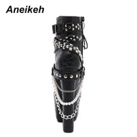 Original Aneikeh Zip Metal Chains Rivet Motorcycle Boots Women Shoes Super High Heels Platform Ankle Boots Punk Rock Gothic Biker Boots