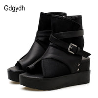 Original Gdgydh Black Women Ankle Boots Spring Autumn Peep Toe Flat Heel Boots For Female Buckle Platform Wedges Shoes Summer Comfortable