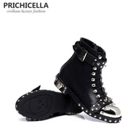 Original PRICHICELLA quality black flats genuine leather studded lace up ankle boots,motorcycle winter booties