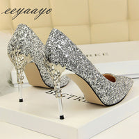 EEYAAYO - Original 2020 New Spring Women Pumps High Thin Heels Pointed Toe Metal Decoration Sexy Bling Bridal Wedding Women Shoes Gold High Heels