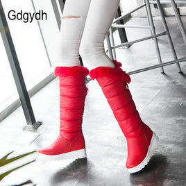 Original Gdgydh Knee High Boots Red Winter Shoes Warm Women Snow Boots Height Increasing Buckle Ladies Wedges Boots Plush Plus Size 42