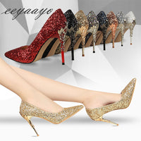 EEYAAYO - Original 2020 New Spring Women Pumps High Thin Heels Pointed Toe Metal Decoration Sexy Bling Bridal Wedding Women Shoes Gold High Heels