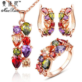 Original Manxiuni New Top Rose Gold Color Flower Jewelry Set Multicolor Cubic Zircon Pendant/Earrings/Ring Women Wedding Jewelry Sets