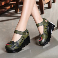 Original Handmade 2022 Spring Autumn Ethnic Comfortable Women Wedges Genuine Leather Women&#39;s Shoes round toe Platform high heels pumps