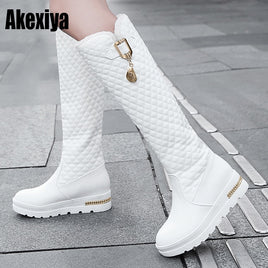 Original New Women Boots Knee High Boots Square Heels Fashion Round Toe Rubber Sole Woman Leather Shoes Winter Black