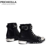 Original PRICHICELLA quality black flats genuine leather studded lace up ankle boots,motorcycle winter booties