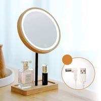 Wooden Desktop LED Makeup Mirror 3X Magnifying USB Charging Adjustable Bright Diffused Light Touch Screen Beauty Mirrors