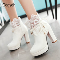 Original Gdgydh 2022 Lace Ankle Boots Thick High Heeled Female Short Boots Round Toe Platform Ladies Shoes White Wedding Shoes Plus Size