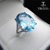 Original TBJ,Super Big gemstone Ring,Oval cut 13*18mm 15ct Blue topaz silver gemstone Ring for pary,eye&#39;s catching design with gift box