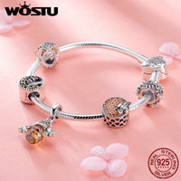 Original WOSTU  Real 925 Sterling Silver Bee & amp ; Daisy Yellow Style Charm Bracelet For Women S925 Silver Bead Jewelry Gift