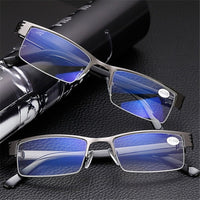 YOOSKE Blue Film Resin Reading Glasses Men Women Metal Half Frame Hyperopia Eyeglasses +1.0 1.52.02.5 3.0 3.5 4.0 Diopter