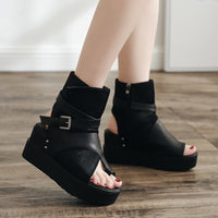 Original Gdgydh Black Women Ankle Boots Spring Autumn Peep Toe Flat Heel Boots For Female Buckle Platform Wedges Shoes Summer Comfortable