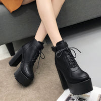 Original Gdgydh Hot Sale Russian Shoes Black Platform Boots Women Zipper Autumn High Heels Shoes Lace Up Ankle Boots White Rubber Sole