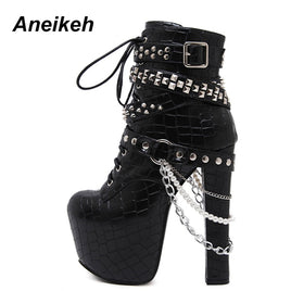 Original Aneikeh Zip Metal Chains Rivet Motorcycle Boots Women Shoes Super High Heels Platform Ankle Boots Punk Rock Gothic Biker Boots