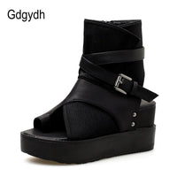 Original Gdgydh Black Women Ankle Boots Spring Autumn Peep Toe Flat Heel Boots For Female Buckle Platform Wedges Shoes Summer Comfortable