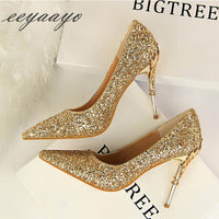 EEYAAYO - Original 2020 New Spring Women Pumps High Thin Heels Pointed Toe Metal Decoration Sexy Bling Bridal Wedding Women Shoes Gold High Heels