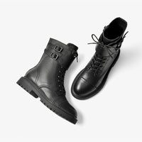 Original Beau Today Motorcycle Boots Women Cow Leather Zipper Closure Buckle Decoration Lace-Up Ladies Ankle Winter Boots Handmade 03474