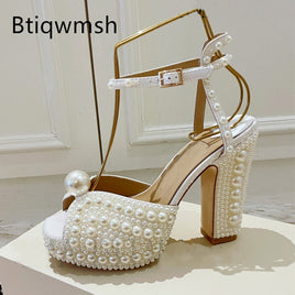 Original 2021 Pearl Platform Sandals Women Open Toe Rhinestone Diamond Square High Heels Shoes Woman Sexy Wedding Shoes