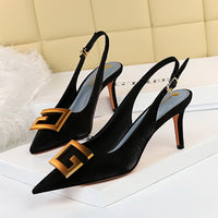 Original European and American Fashion Women&#39;s Shoes Fine Heel High Heel Shallow Tip Hollow Metal Quartet Buckle Single Shoes