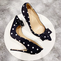 Original Bowknot design black pumps white dot 12cm thin high heels spring summer pointed toe slip on plus 45 lady 10cm 8cm BM024 ROVICIYA